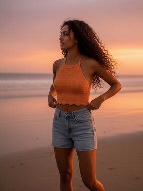 Old Navy Orange Smocked Halter Crop Top Blossom Petal M